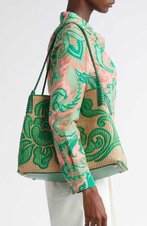 Etro Medium Libra Embroidered Raffia Tote In Verde