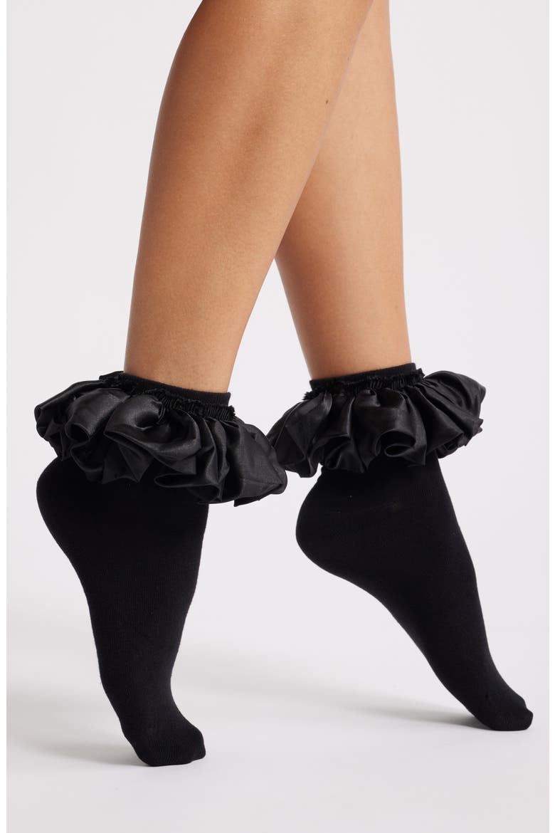Amelia Satin Frill Ankle Socks, Main, color, BLACK