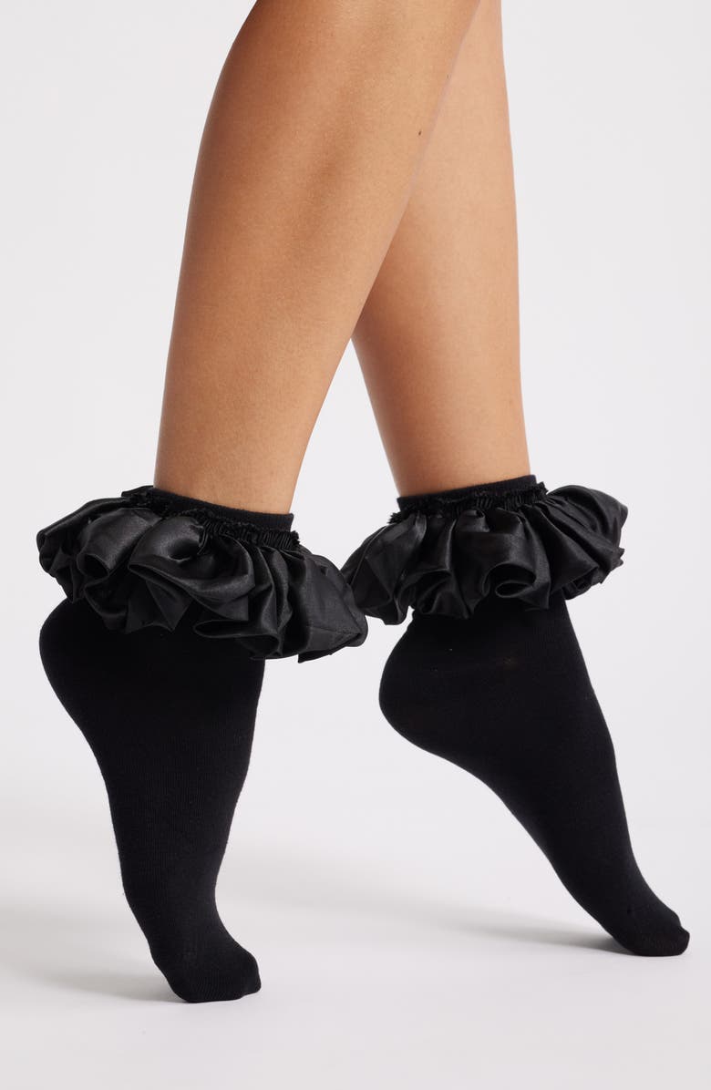 HIGH HEEL JUNGLE Amelia Satin Frill Ankle Socks, Main, color, Black