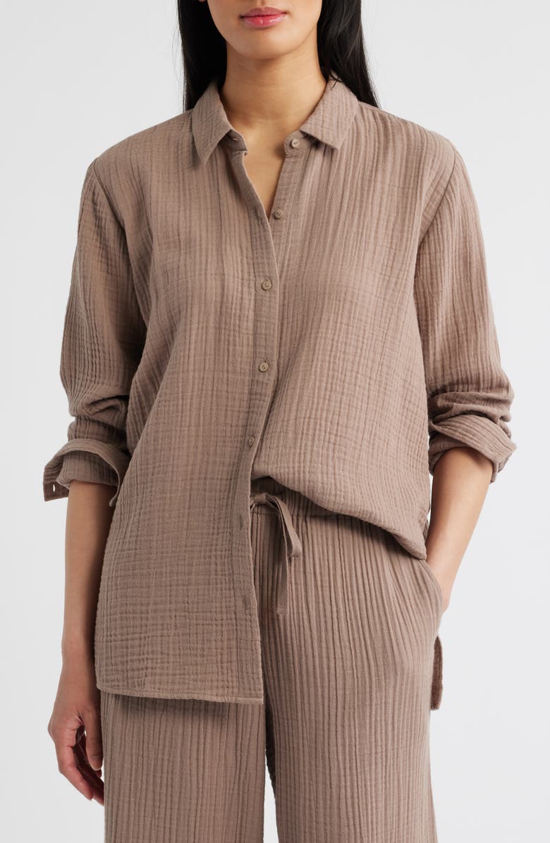 Eileen Fisher Easy Classic Organic Cotton Button-Up Shirt, Alternate, color, Cocoa