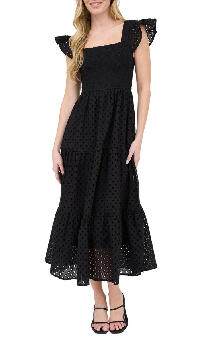 AUGUST SKY Cotton Eyelet Tiered Maxi Dress, Main, color, Black