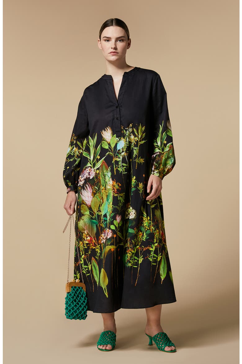 Garbata Floral Long Sleeve Satin Dress, Alternate, color, BLACK