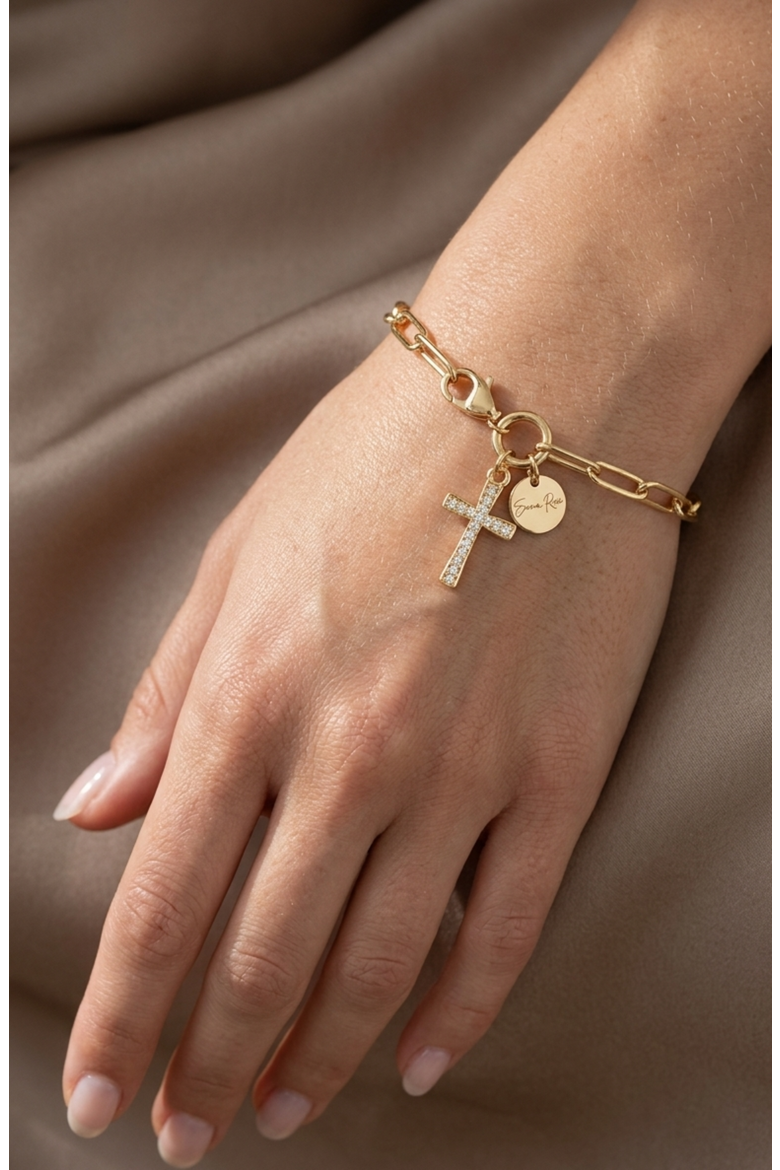 Cross Charm Chain Bracelet, Alternate, color, Metallic Gold