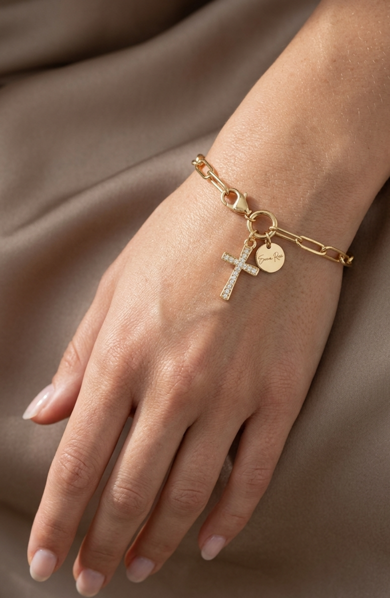 Emma Rae Cross Charm Chain Bracelet, Alternate, color, Metallic Gold