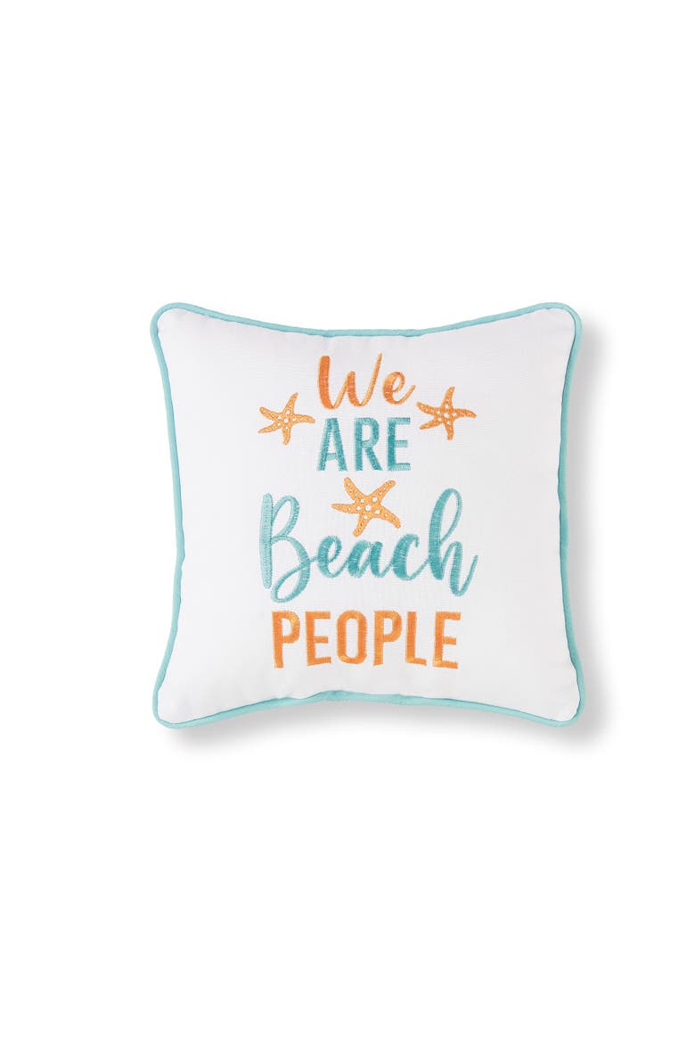 "We Are Beach People" Starfish Cotton Blend Mini Accent Pillow 10" x 10", Main, color, White