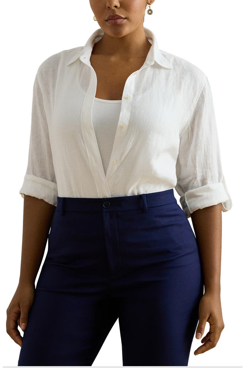 Relaxed Fit Linen Roll Tab Sleeve Shirt, Main, color, WHITE