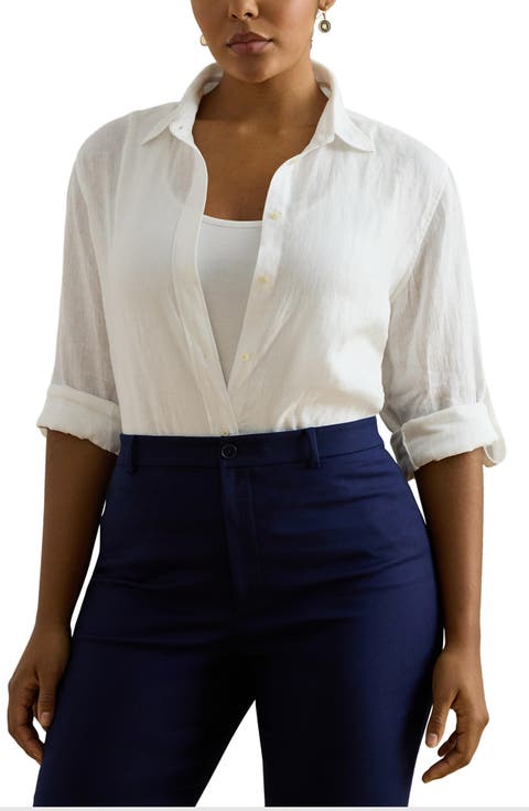 Karrie Tissue Linen Button Up Shirt (Plus)