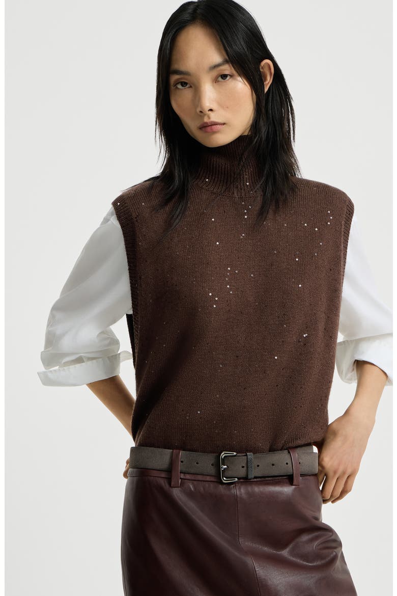 Cashmere and silk Diamond yarn turtleneck sweater vest, Alternate, color, Brown