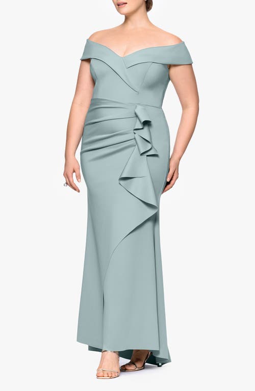 Xscape Evenings Off The Shoulder Ruffle Scuba Gown In Sage