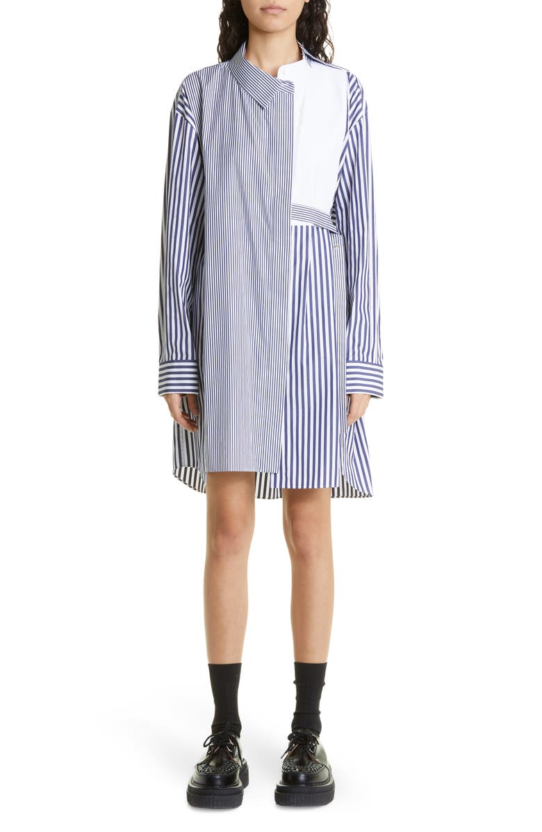 Sacai Asymmetric Stripe Cotton Poplin Shirtdress, Main, color, 