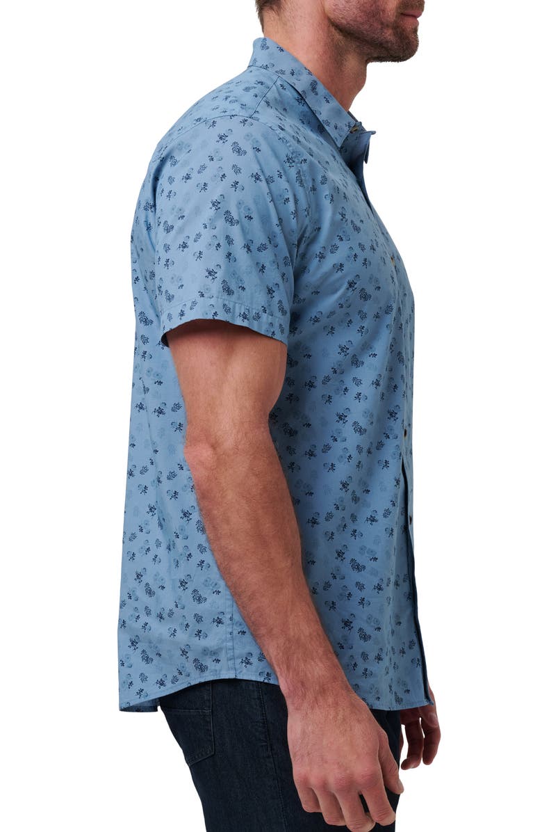 TravisMathew Something New Floral Short Sleeve Stretch Cotton Blend Button-Up Shirt, Alternate, color, Heather Captains Blue