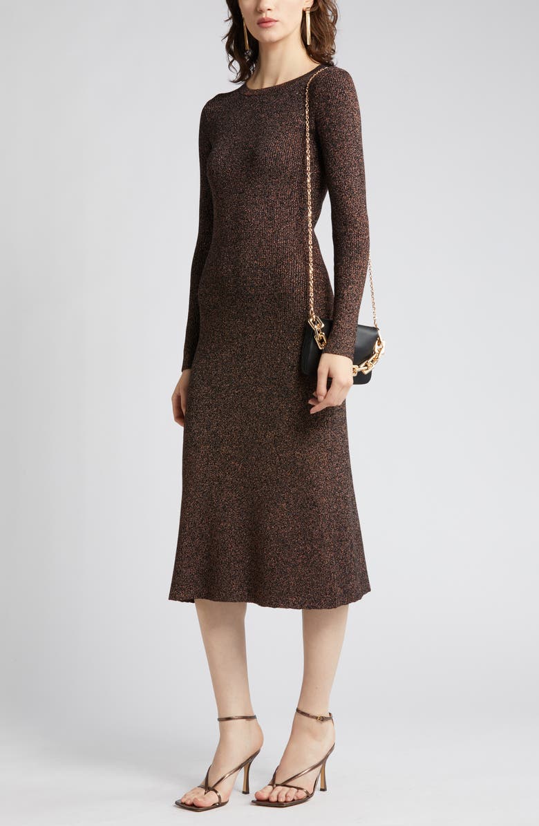ZOE AND CLAIRE Metallic Long Sleeve Midi Sweater Dress, Main, color, Black/ Gold