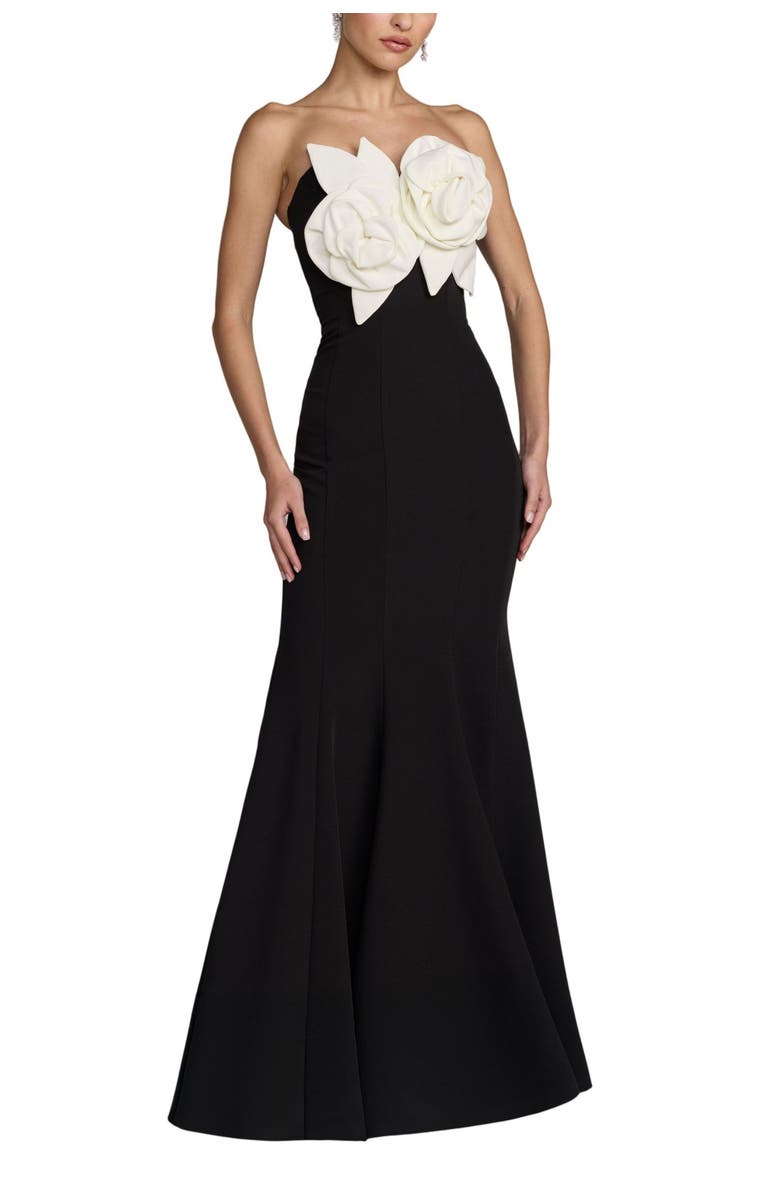Mac Duggal Crepe Strapless Mermaid Gown With 3D Flowers, Main, color, Black Ivory