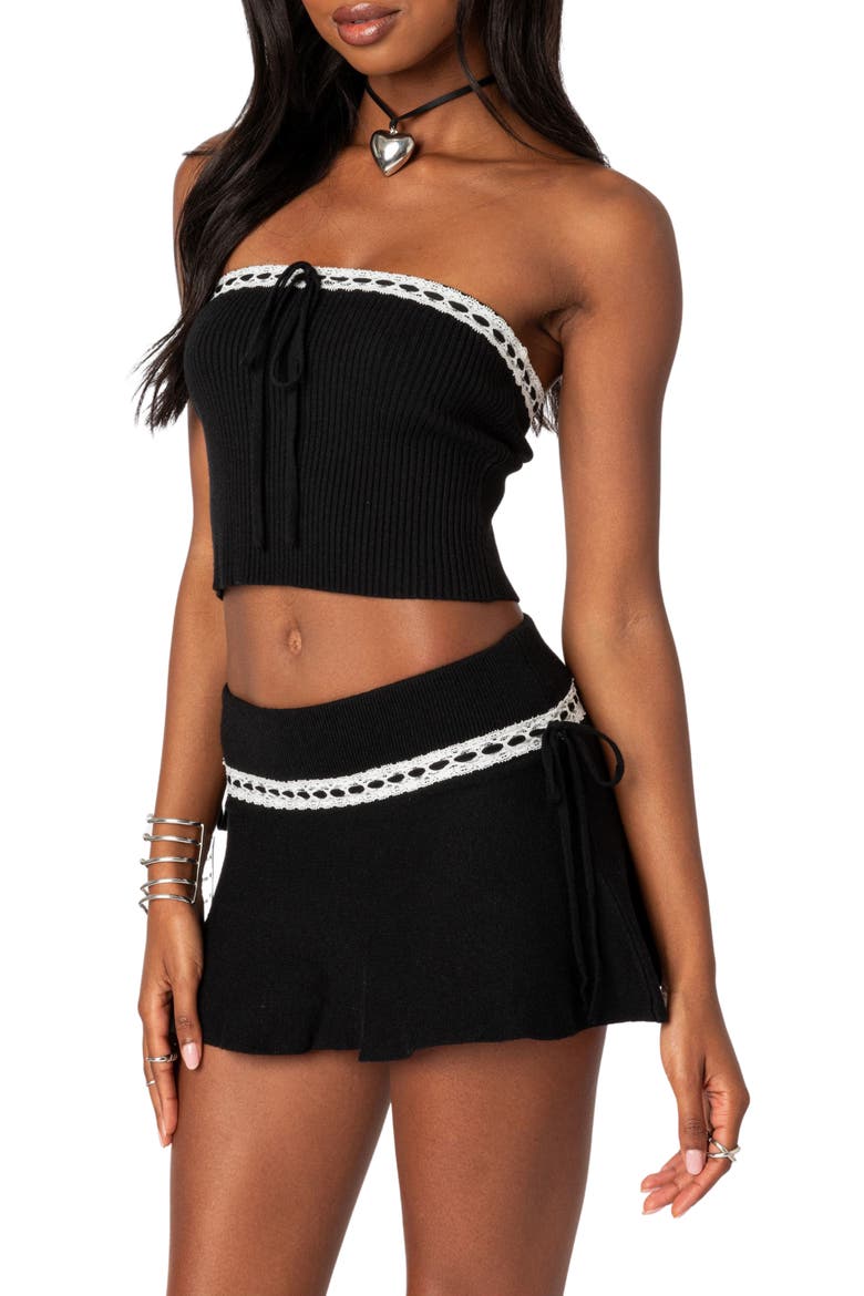 Khloe Lace Ribbon Rib Tube Top, Alternate, color, BLACK