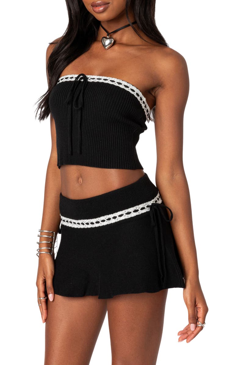 EDIKTED Khloe Lace Ribbon Rib Tube Top, Alternate, color, Black