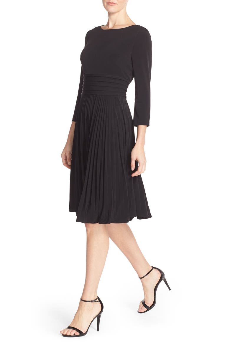 Pleated Jersey Fit & Flare Dress, Alternate, color, BLACK