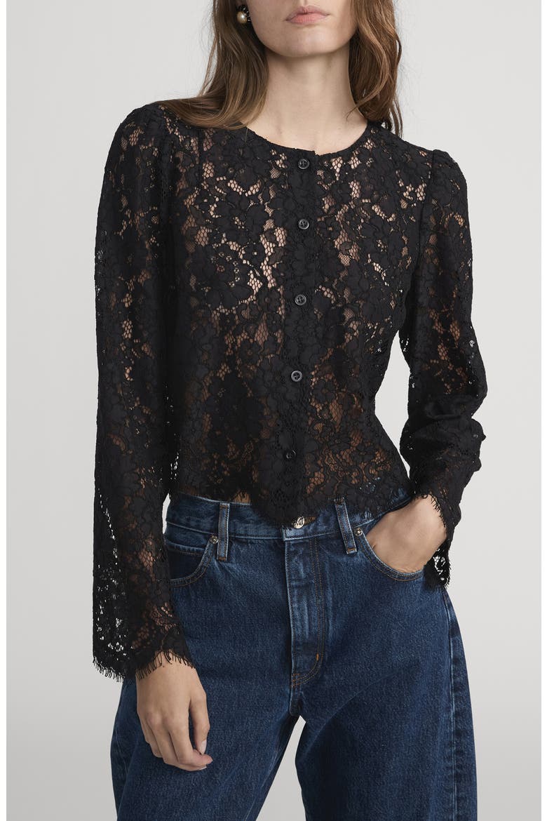 Sheer Crop Organic Cotton Blend Eyelash Lace Button-Up Shirt, Main, color, BLACK