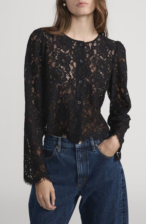Sheer Crop Organic Cotton Blend Eyelash Lace Button-Up Shirt