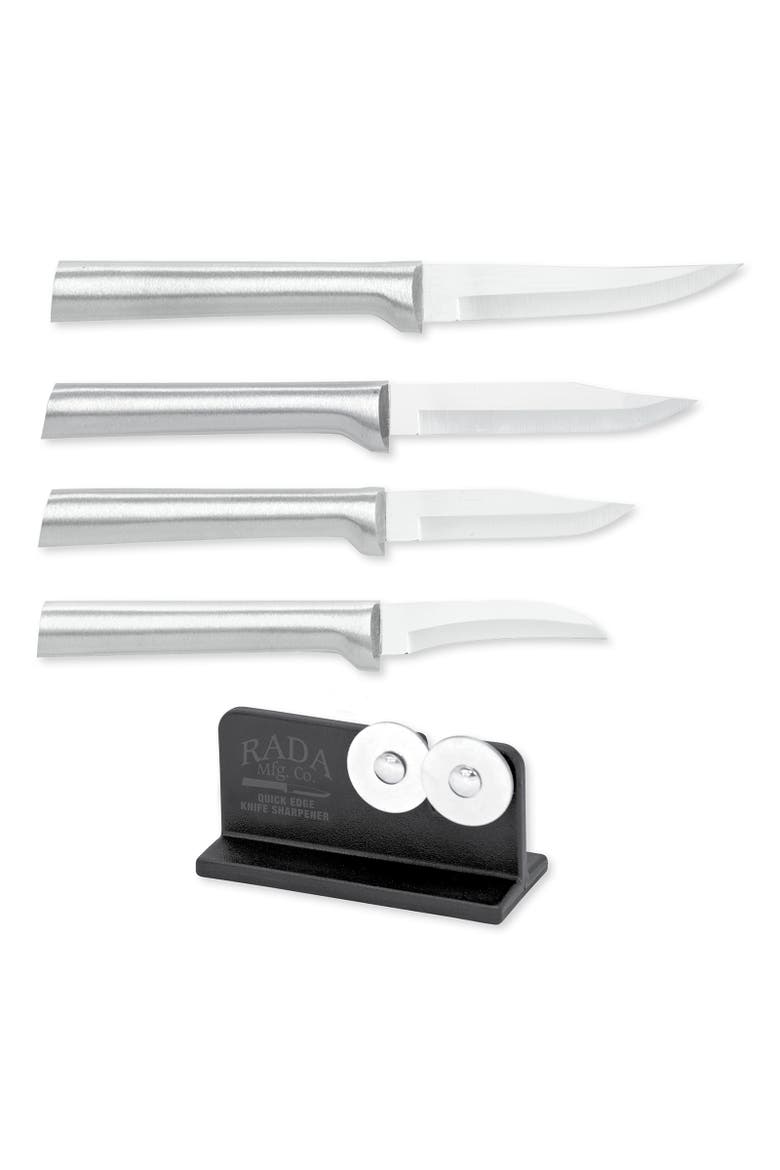 Cutlery Paring & Peeling Knife Set, 4 Knives & Quick Edge Knife Sharpener, Main, color, Silver