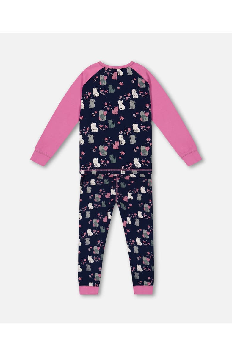 Deux par Deux Little Girl's Organic Cotton Two Piece Pajama Set Navy Printed Cats, Alternate, color, 