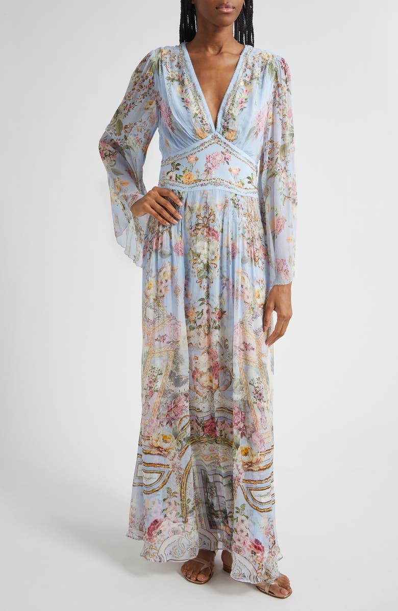 Camilla Tiled In Time Long Sleeve Silk Chiffon Maxi Dress, Main, color,