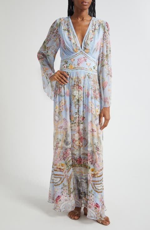 Tiled In Time Long Sleeve Silk Chiffon Maxi Dress