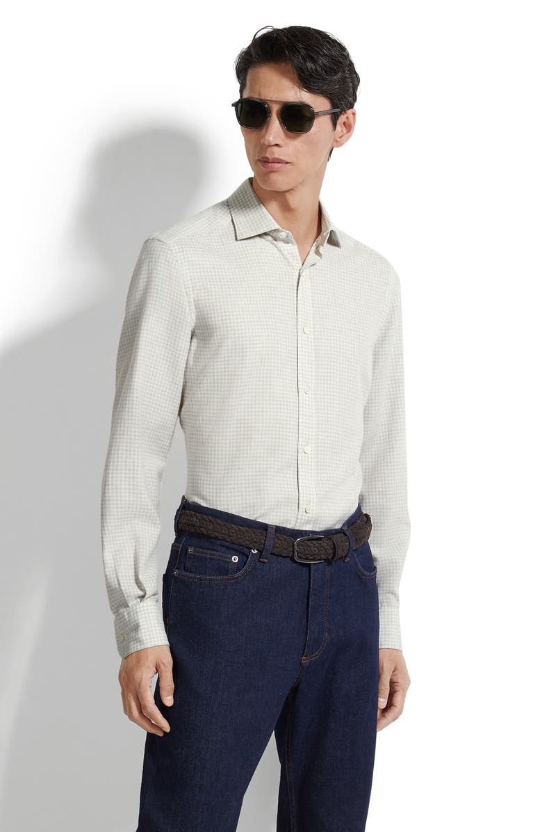 ZEGNA Cashco Gingham Check Cotton & Cashmere Button-Up Shirt, Alternate, color, Light Grey / White