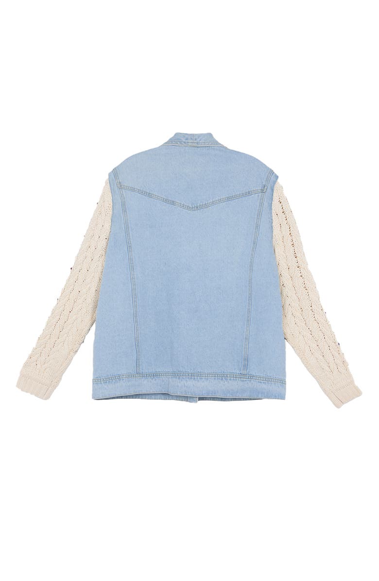 SAACHI Embellished Knit Sleeve Denim Jacket, Alternate, color, Denim