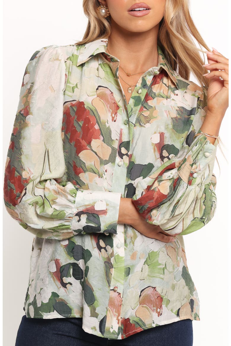 Allise Floral Print Cotton Blend Button-Up Shirt, Alternate, color, GREEN