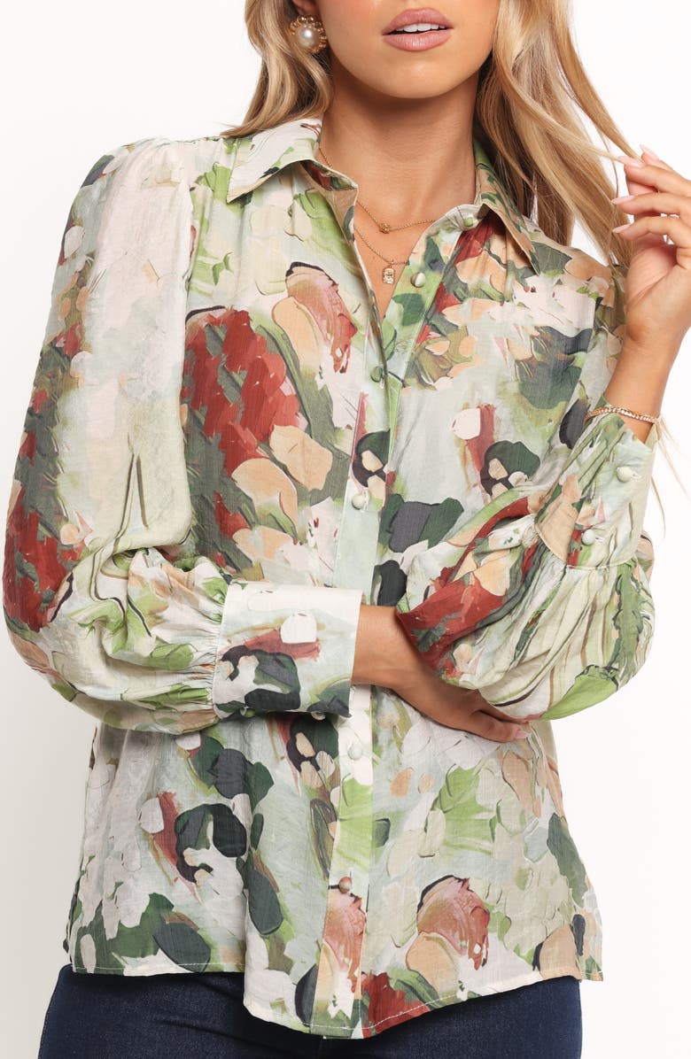 Petal & Pup Allise Floral Print Cotton Blend Button-Up Shirt, Alternate, color, Green