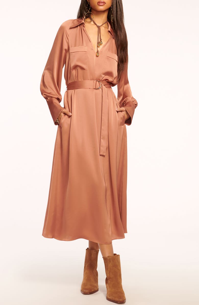 Ramy Brook Cecilia Belted Long Sleeve Satin Dress, Main, color, 