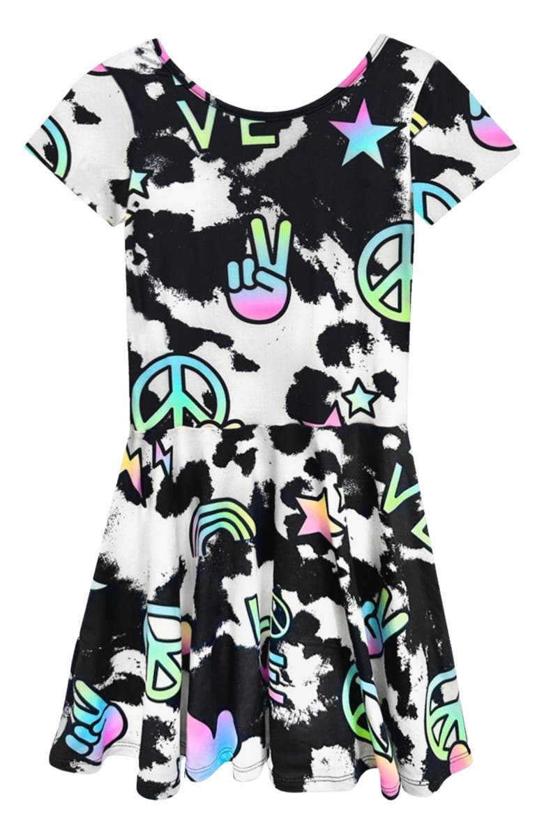 PixieLane Kids' Peace Skater Dress, Main, color, Black Tie Dye Rainbow Icons