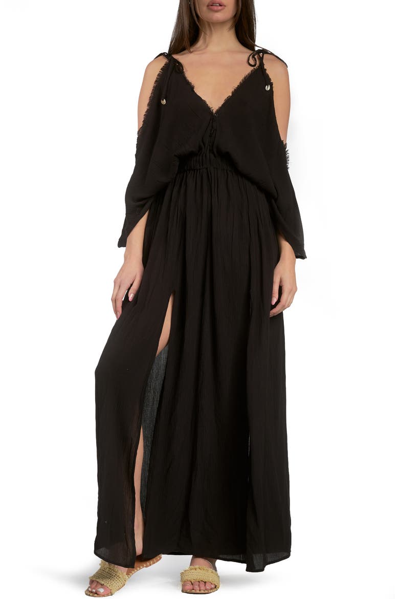 Butterfly Crinkle Cover-Up Maxi Dress, Main, color, BLACK