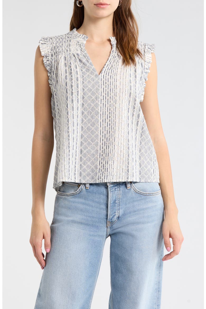 Arlene Eyelet Embroidered Linen Blend Ruffle Shoulder Top, Main, color, STRIPED EYELET
