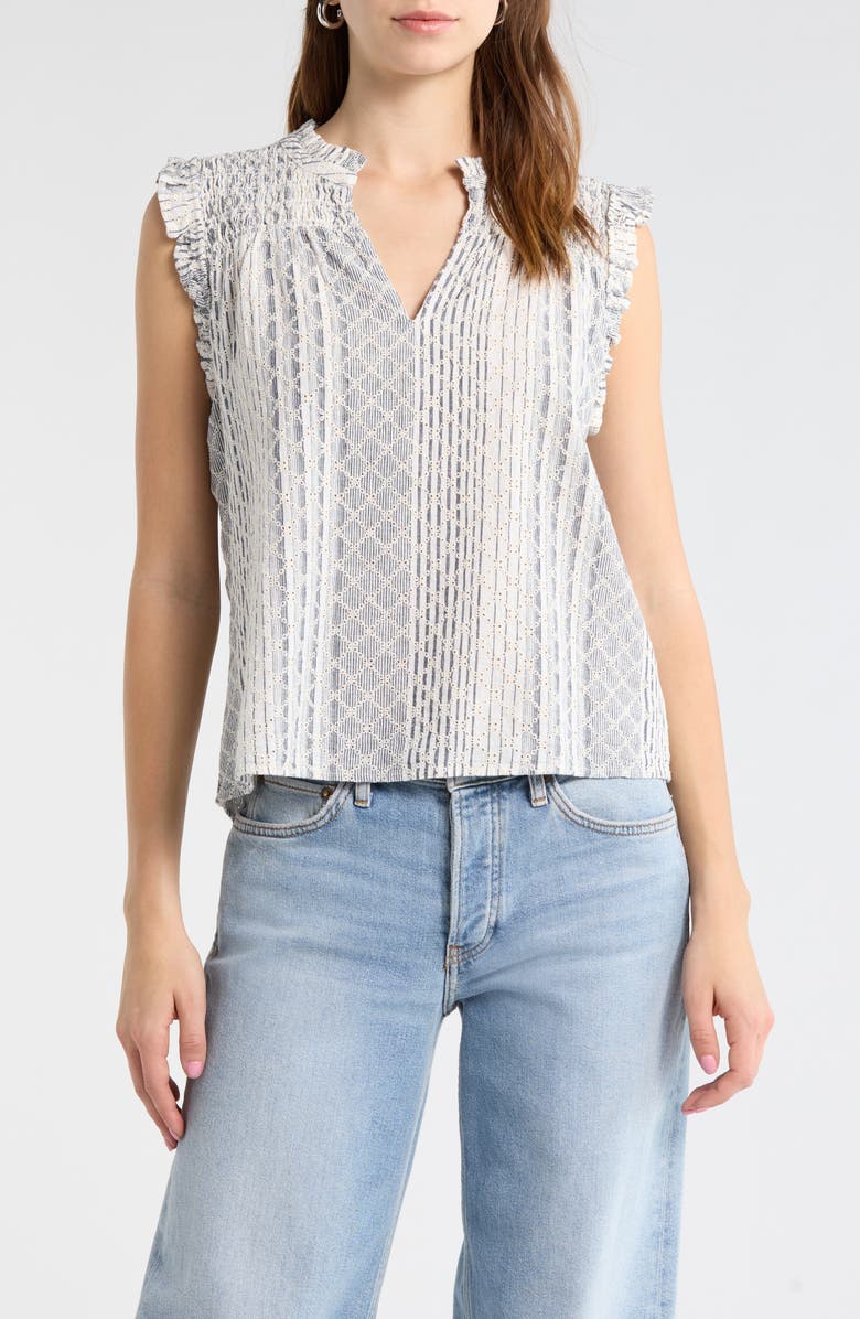 Rails Arlene Eyelet Embroidered Linen Blend Ruffle Shoulder Top, Main, color, Striped Eyelet
