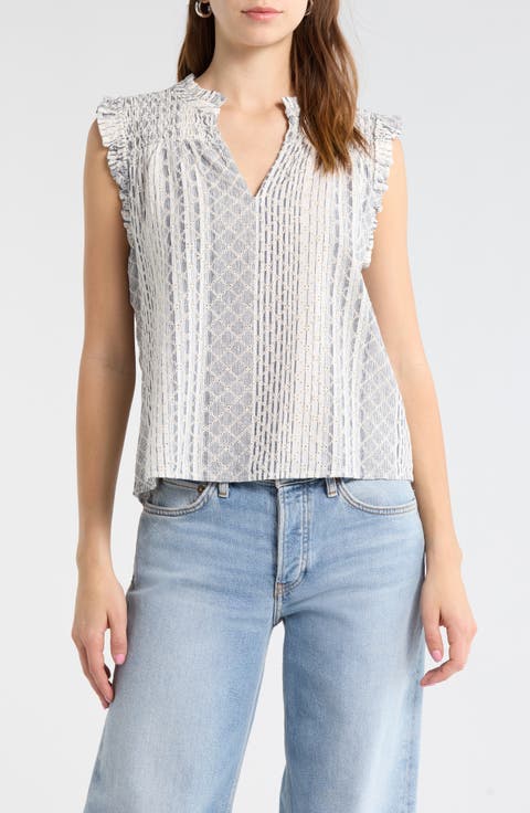 Arlene Eyelet Embroidered Linen Blend Ruffle Shoulder Top
