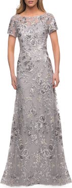 La Femme Satin Ball Gown with Criss Cross Back and Pockets