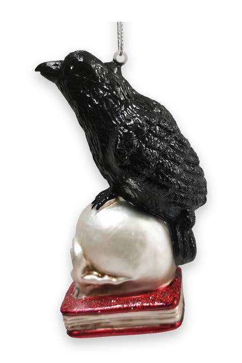 Raven On Skull And Book Glass Ornament