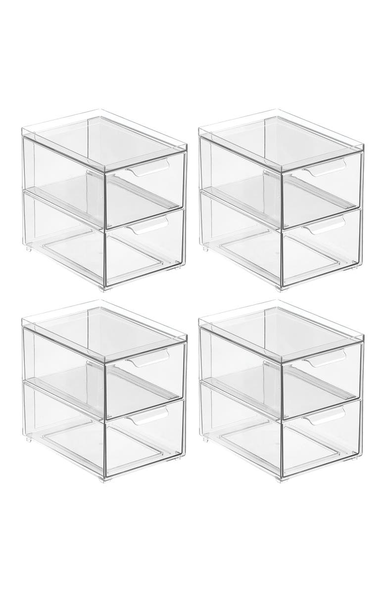 mDesign 2-Drawer Stackable Organizer - Pull-Out Sliding Storage Drawers for Kitchen - Set of 4 - Clear, Main, color, Clear