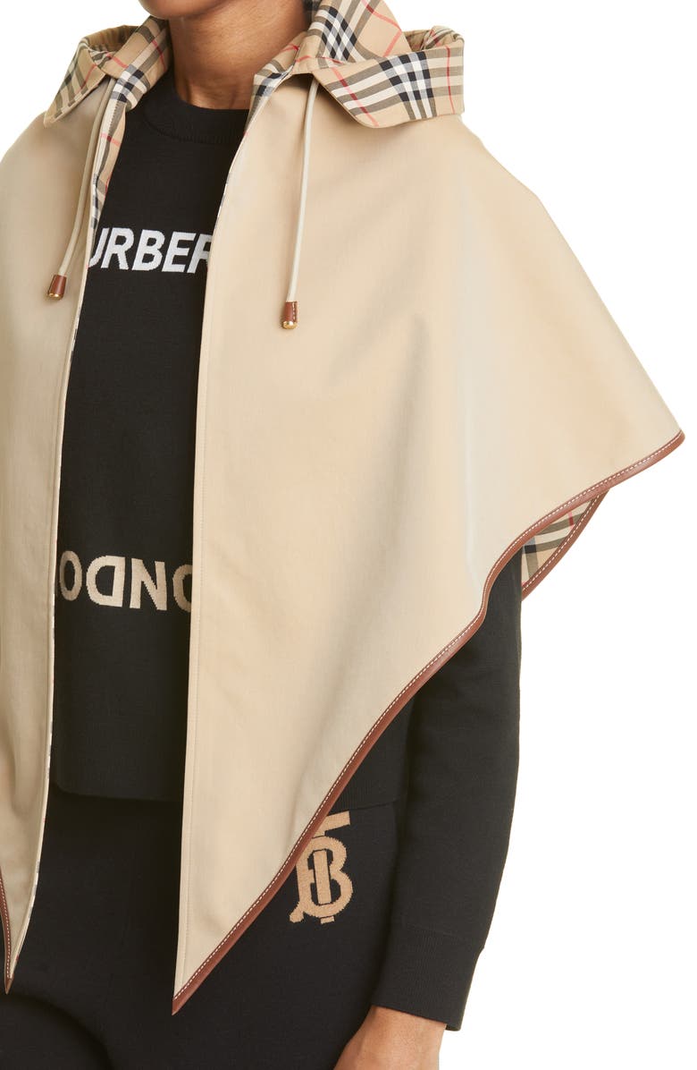 Burberry Leather Trimmed Cotton Hooded Cape, Alternate, color, 