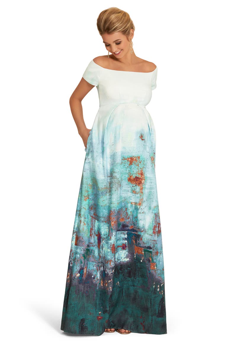 Aria Off the Shoulder Metallic Maternity Gown, Alternate, color, GREEN