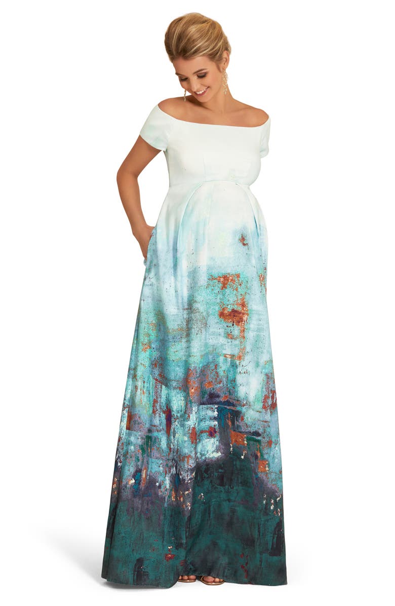 Tiffany Rose Aria Off the Shoulder Metallic Maternity Gown, Alternate, color,