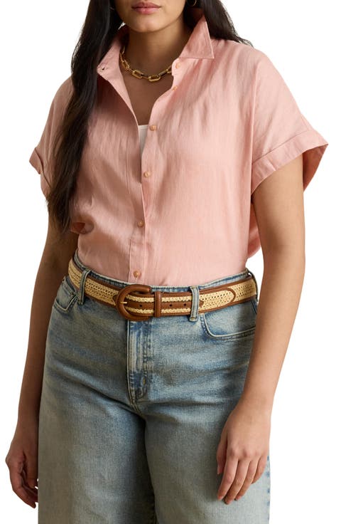 Broono Short Sleeve Linen Button-Up Shirt (Plus)