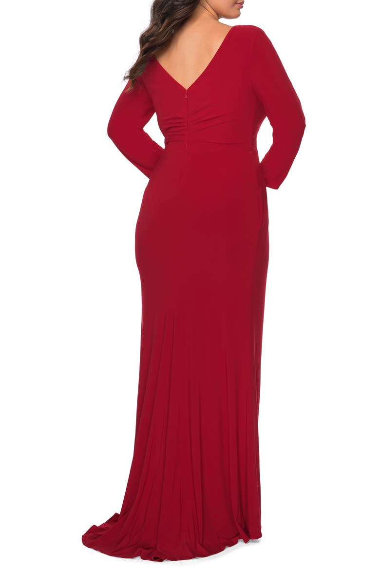 Long Sleeve Curvy Prom Dress with Ruching, Alternate, color, RED