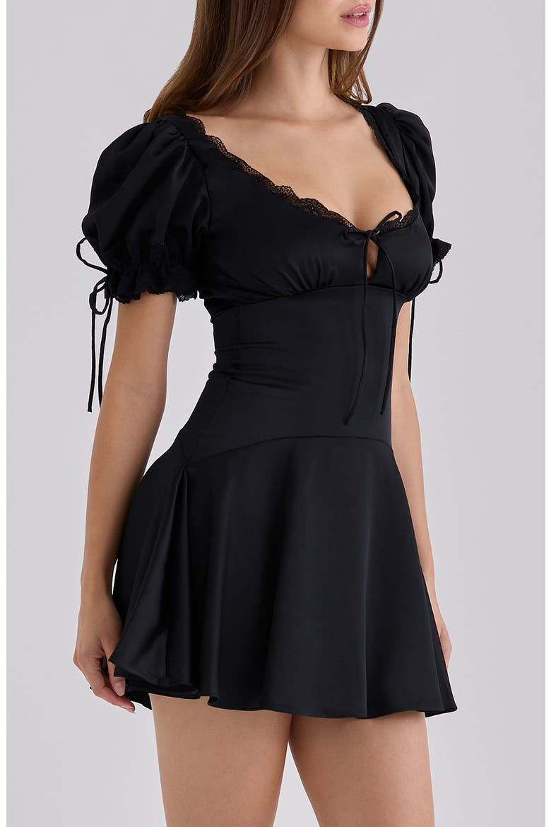 Elisabetta Satin Lace Trim Minidress, Alternate, color, BLACK