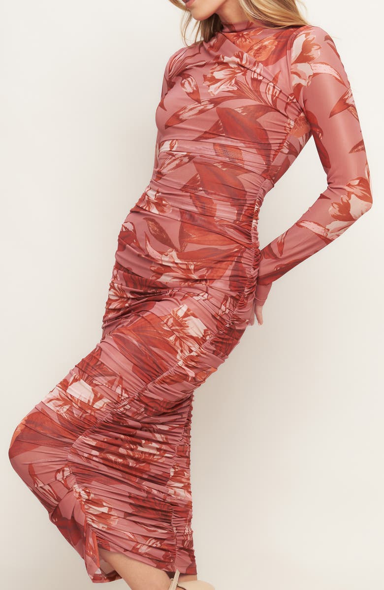 FLYING TOMATO Floral Long Sleeve Ruched Mesh Body-Con Dress, Alternate, color, Sienna