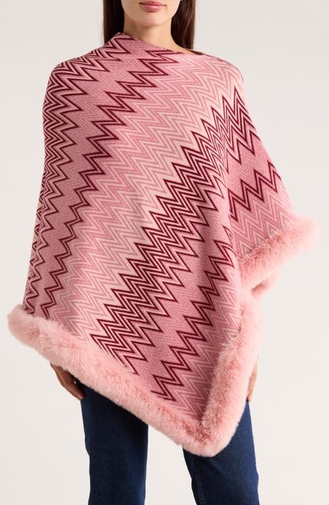 Zigzag Poncho with Faux Fur Trim
