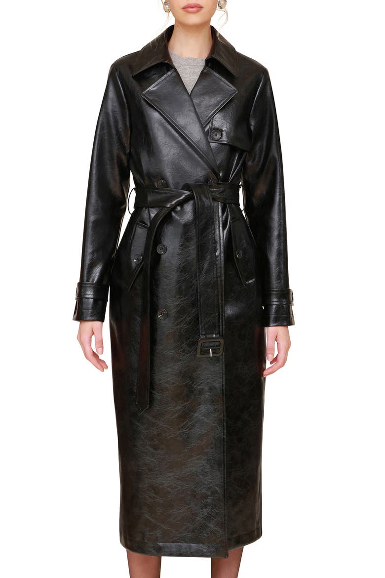 Faux Leather Trench Coat, Alternate, color, BLACK