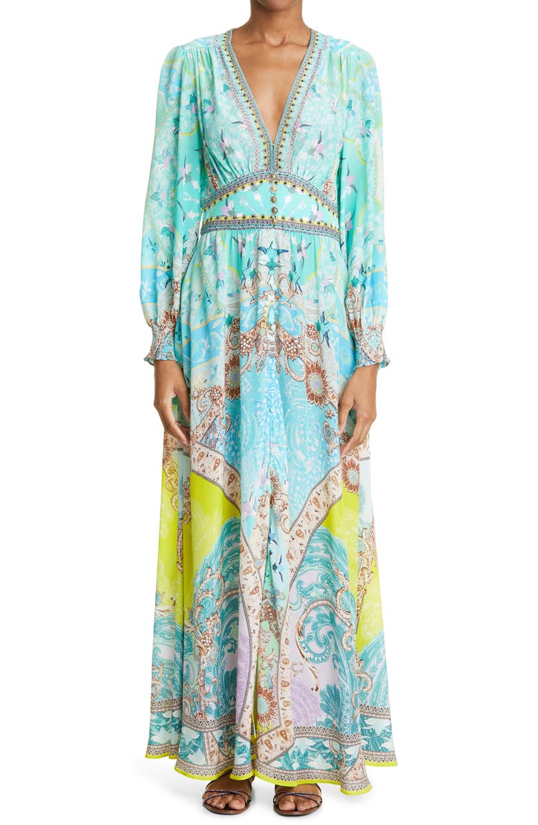 Camilla Turn Back Time Embellished Long Sleeve Silk Maxi Dress, Main, color, 