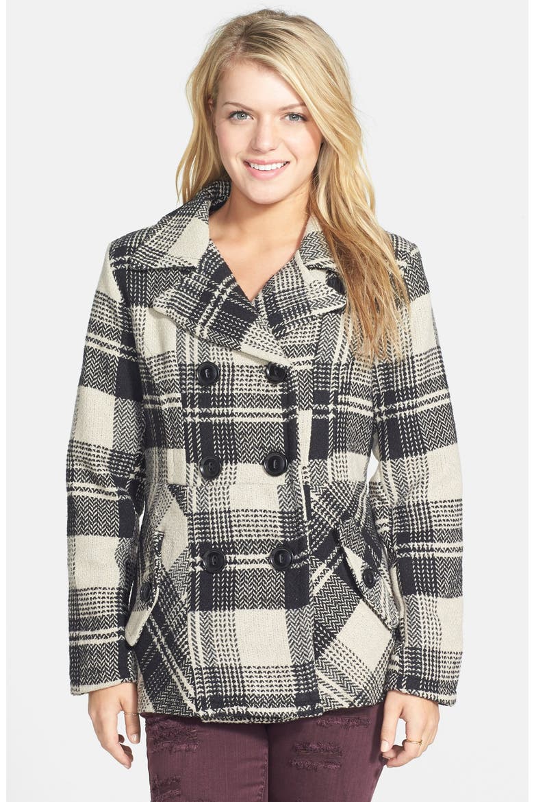 Plaid Double Breasted Peacoat, Main, color, BEIGE PLAID